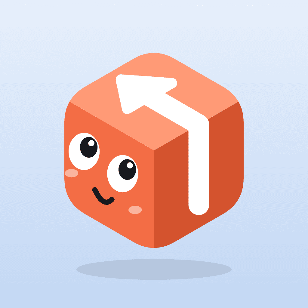 3D Arrows icon, a coral cube with a smiling face and a white arrow