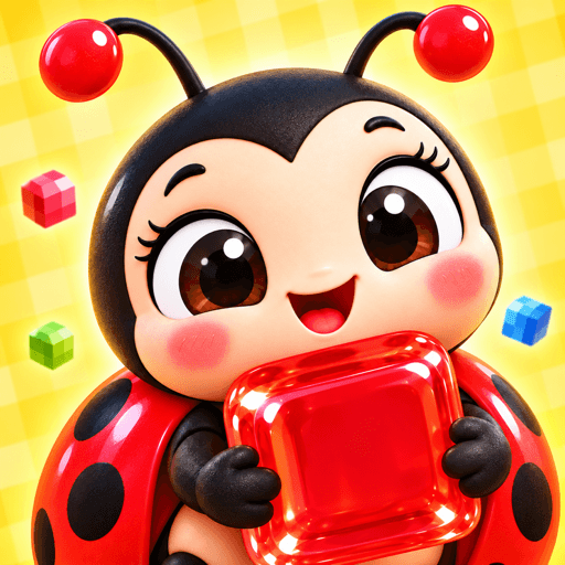 Pixel Picnic icon, a smiling red ladybug carrying a yellow block beside colorful squares