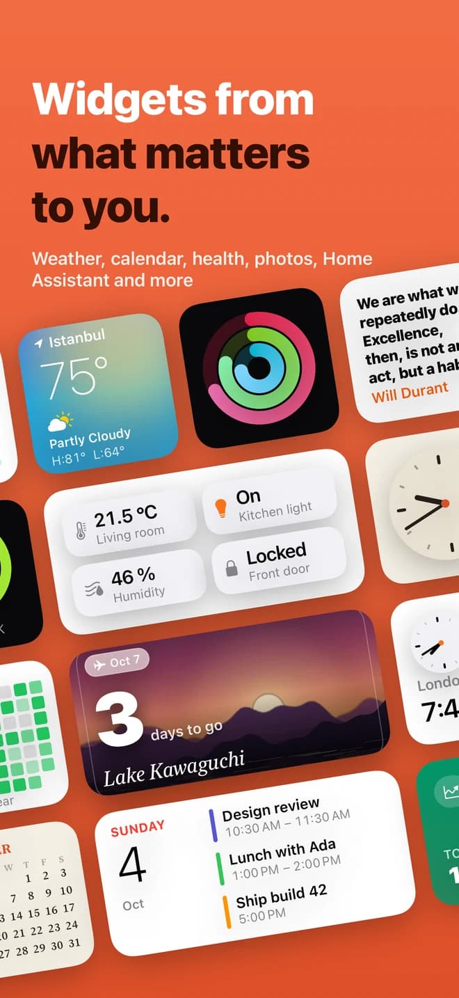 Widgets for weather, calendar, activity, Home Assistant and more